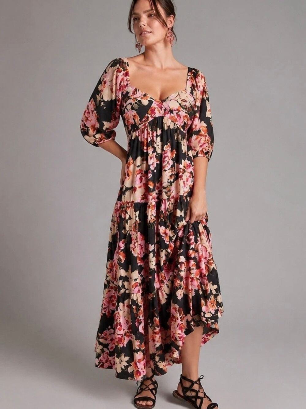 Anthropologie Blossom Black Floral Maxi Long Dress Small Puff Sleeve Garden